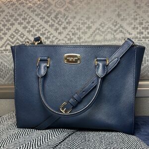 Michael Kors Kellen Medium Satchel Navy Blue Saffiano Leather Crossbody Bag